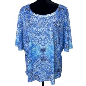 🌹Concepts - Rhinestone Embellished Blue Floral & Flowy Top - Size 3X
